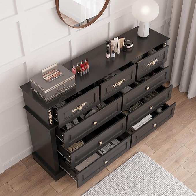 63Wx39H Large Dresser Black,9 Drawers Dresser for Bedroom, Retro Chest of Drawers with Gold Knobs, Wooden Storage Dressers, Bedroom Storage Organizer for Closet, Living Room, Hallway