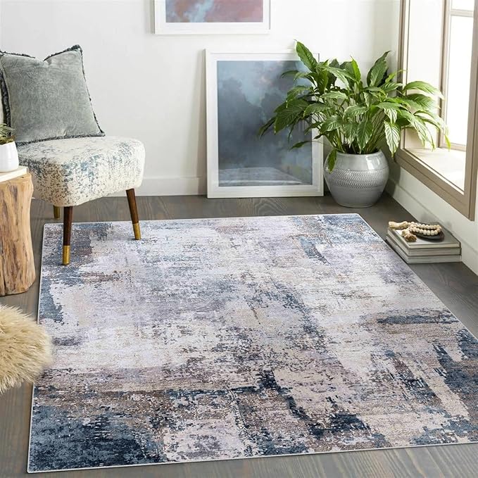 vivorug Washable Rug, Ultra Soft Area Rug 6x9, Non Slip Abstract Rug Carpet, Stain Resistant Rugs for Living Room Bedroom, Modern Fluffy Rug (Gray/Navy, 6'x9')