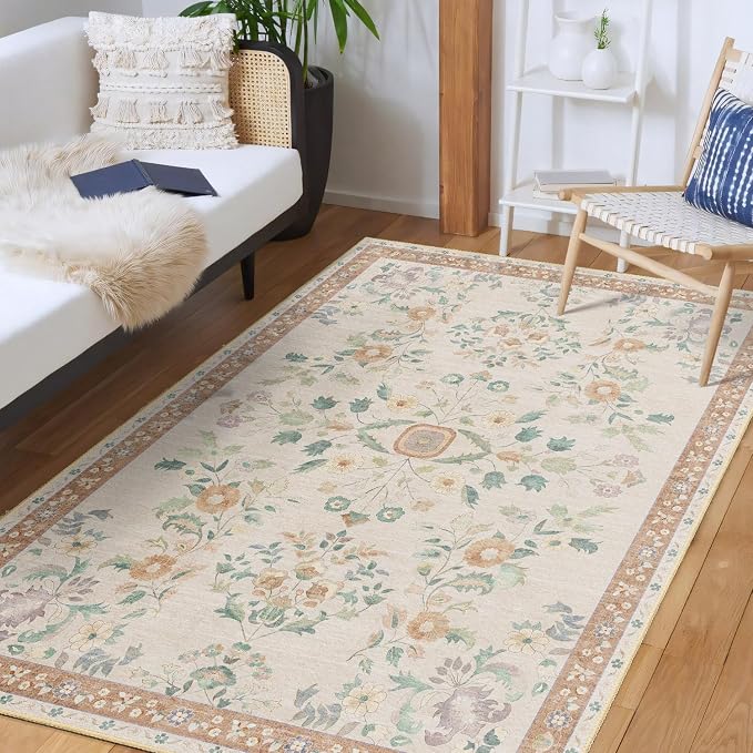 MUJOO 3x5 Rug Washable,Floral Area Rugs for Bedroom Bedside Entryway Living Room Kitchen,Floral Boho Small Indoor Floor Rug Non Slip Throw Carpet Low Pile Vintage Beige