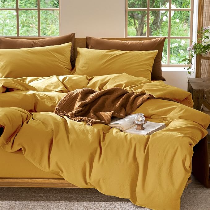 MooMee Bedding Duvet Cover Set 100% Washed Cotton Linen Like Textured Breathable Durable Soft Comfy (Solid Yellow, Twin 68"x90")