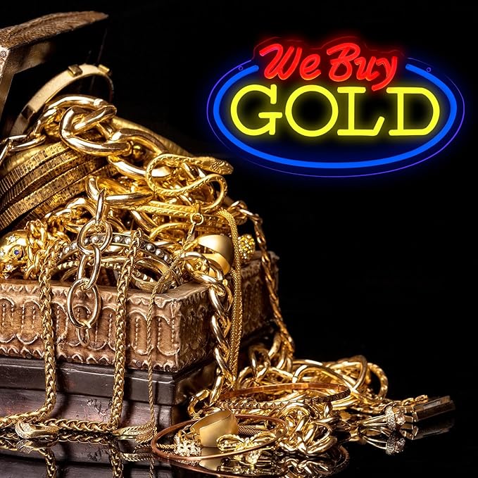 We Buy Gold Neon Sign for Wall Decor, Dimmable Gold Jewelry Shop Store Light up Display LED Light, Red and Yellow Neon Lights for Accessory Store