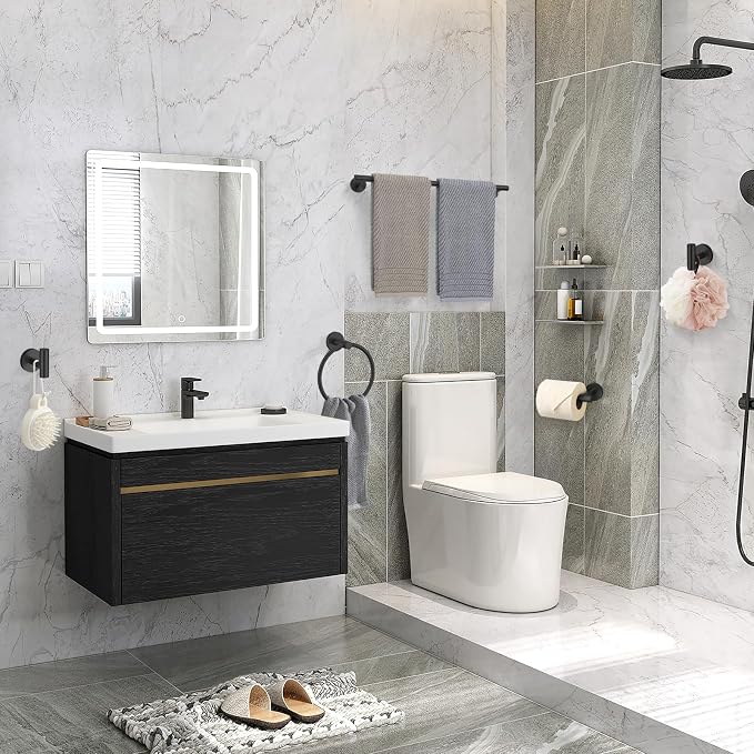 5 Pieces Matte Black Bathroom Hardware Accessories Set SUS304 Stainless Steel Black Towel Bar Holder Set, 23.6Inch Towel Racks for Bathroom, Robe Towel Hooks, Toilet Paper Holder Wall Mounted