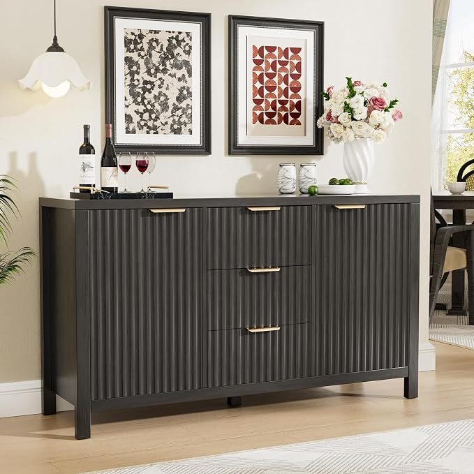 47.2" Fluted Sideboard Buffet Cabinet, Modern Black Credenza with 2 Drawers & 2 Doors, 3-Level Adjustable Shelves, Waterproof Top, Gold Handles, Kitchen Entryway Living Room Storage (Glossy Black)