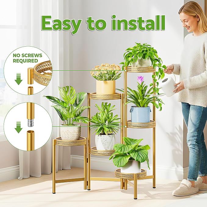 6 Tiered Plant Stand Indoor for Multiple Large Planter, Tall Heavy Duty Adjustable Folding Rack with Rustproof 7.9 Inch Wide Tray, Plant Shelf for Corner Living Room - GoldWave