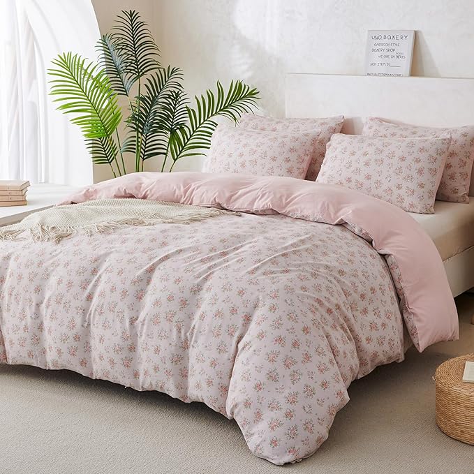 Comforter Set Queen Size Floral Soft 3 Pieces Chic Crinkle Gauze Fabric Garden Style Flower Print Botanical Comforter for All Seasons Luxury Warmth Comfy Breathable with 2 Pillowcases