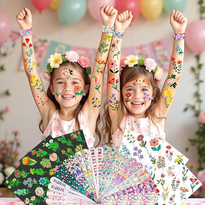 96 PCS Floral Flower Party Favors Set β 72 Pre-Cut Temporary Tattoos & 24 Slap Bracelets for Kids, Perfect for Spring Birthday Parties, Flower Festivals & Classroom Rewards