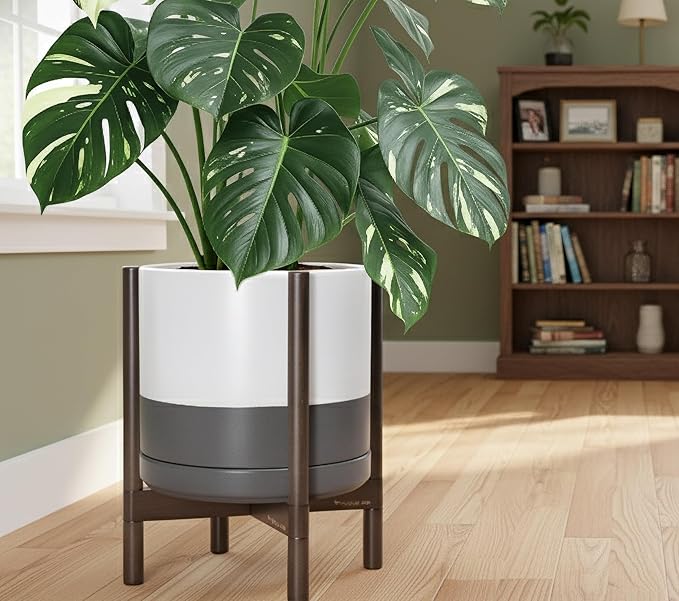 D'vine Dev Ceramic Planter with Walnut Color Stand - 14 Inch Modern Round Flower Pot with Wood Planter Holder, White/Grey, 55-B-T-6