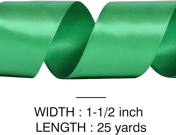 YAMA Green Double Faced Satin Ribbon, 1 1/2 Inch 25 Yards, Great for Crafts Bows Flower Bouquet Wedding Home Decor Gift Wrapping
