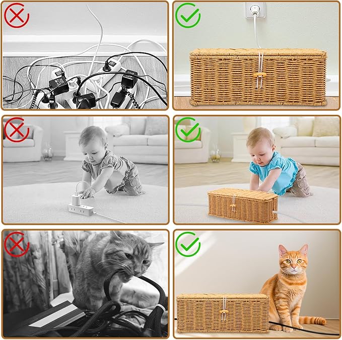 2PCS Cable Management Box, Handmade Rattan Cable Organizer, Open Slots Cords Hider Box Cord Basket Under Desk Cord Organizer for Computer Router USB Hub & Power Strip