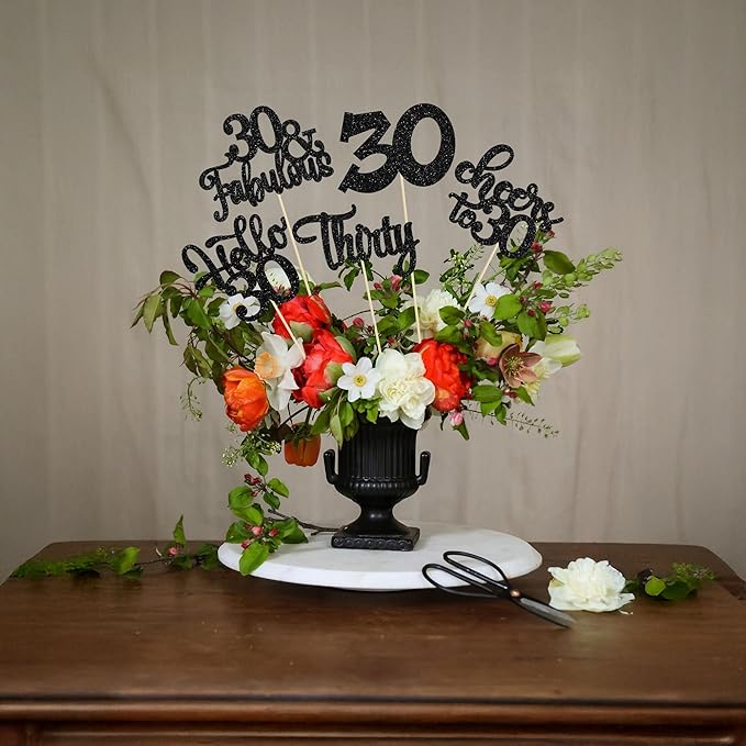Gyufise 15Pcs 30th Birthday Centerpiece Sticks Thirty Happy 30th Table Flower Centerpieces Sticks Cheers to 30 Floral Decorations for 30th Birthday Party Centerpieces Supplies Black