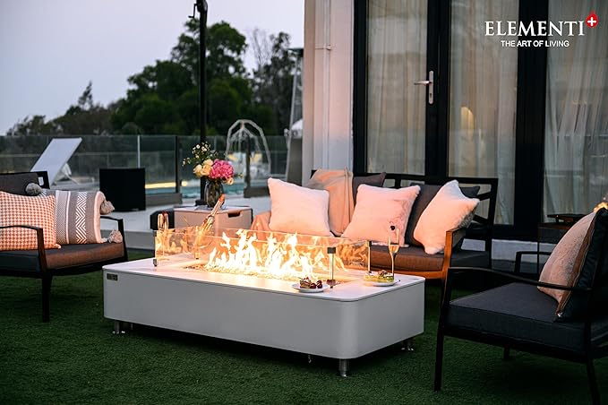 Elementi+ | Athens Gas Fire Pit | Cast Concrete Body & Marble Porcelain Top | 62" Rectangular Fire Table | Electronic Ignition | Canvas Cover, Fire Glass & Burner Lid Included | White | Natural Gas