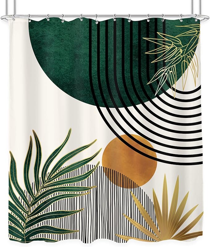 KOMLLEX Mid Century Green Boho Shower Curtain, Abstract Modern Shower Curtains for Bathroom, Plant Botanical Minimalist Leaf Arch Sun Fabric Liner Waterproof Polyester 12 Pack Hooks 60Wx72L Inches