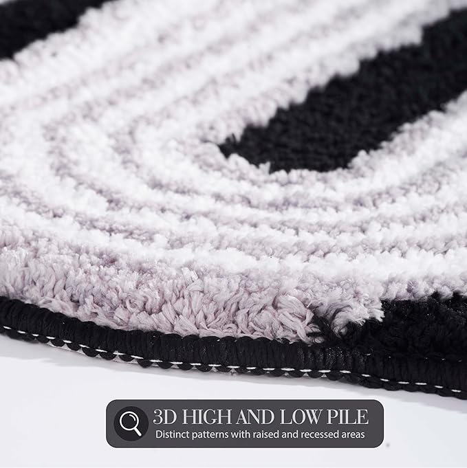 Wavy Boho Bathroom Rugs, Cute Retro Scalloped Bath Mat with Funky Geometric Design, Black Room Decor Cool, Machine Washable Soft Non-Slip Bath Rug, Black and White Bathroom Rugs, 30" x 20"