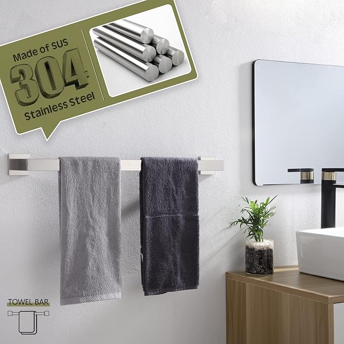 KOKOSIRI 24-Inch Single Towel Bar, Bathroom Kitchen Towel Holder, Wall Mounted SUS304 Stainless Steel Towel Rack, Brushed Nickel, B4003BR-L24