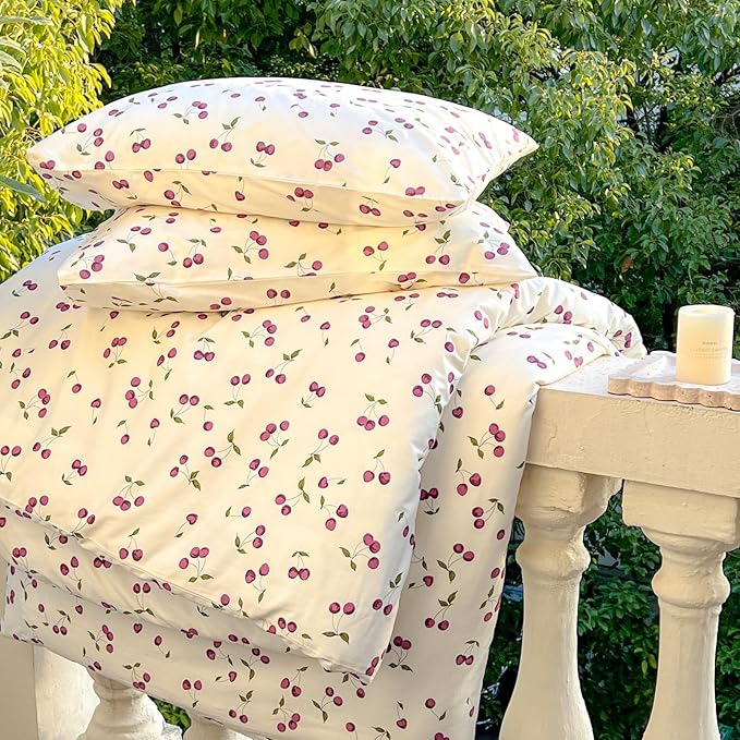 AOJIM Cherry Pattern Duvet Cover Set, 100% Cotton Cute Bedding Comforter Cover with Fruit Motifs, Aesthetic Quilt Cover Set 3pcs, 1 Queen Size Comforter Cover and 2 Matching Pillowcases, No Comforter