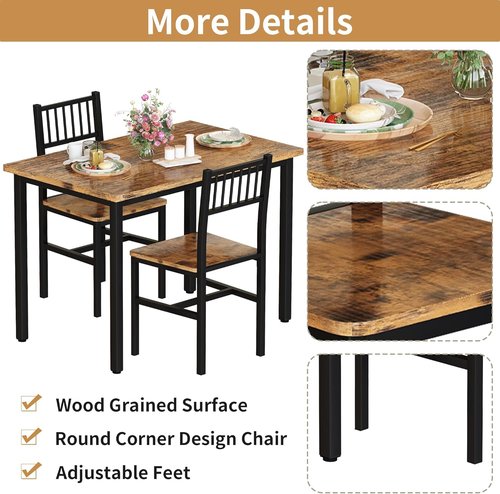 AWQM 3 Piece Dining Table Set - Compact Kitchen Table with 2 Chairs for Small Spaces | Brown