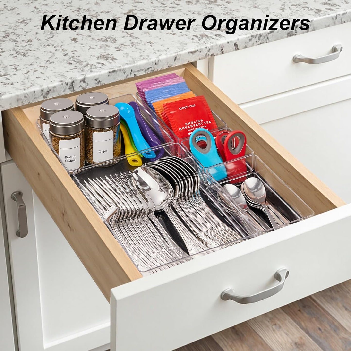 SMARTAKE 7-Piece Drawer Organizer - Non-Slip Silicone Pads for Makeup, Jewelry & Utensils | Clear Storage Trays