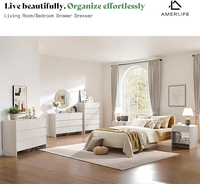 AMERLIFE 6 Drawer Dresser for Bedroom, 49" Wide Modern Chest of Storage Drawers with Rounded Corners, Anti-Tip Kit, Wood Cabinet Organizer for Closet, Living Room, Nursery, Easy Assembly, White