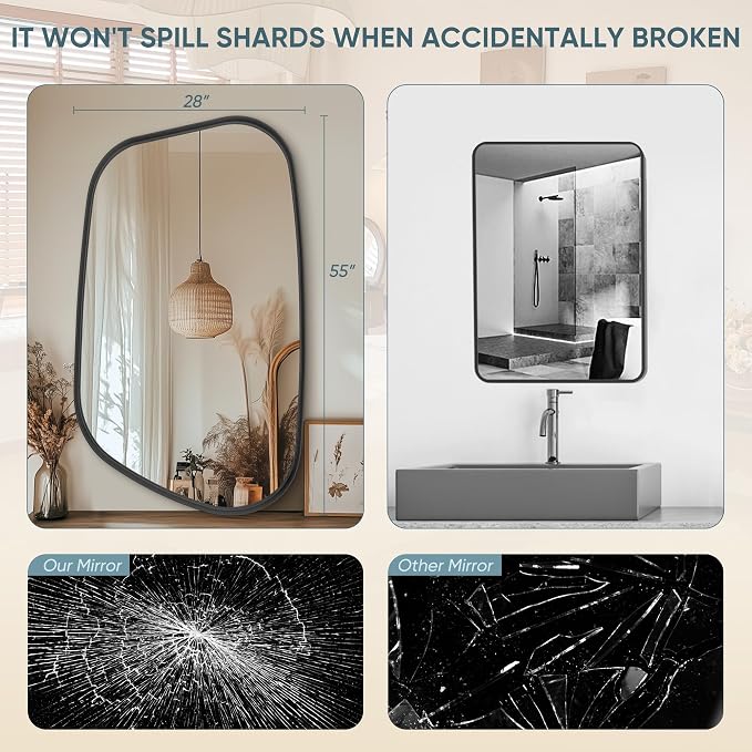 Irregular Wall Mirror 55"x28" Bathroom Mirrors Asymmetrical Artistic Decorative for Living Room Bedroom Bathroom Hallway Entryway,Trapezoid,Black