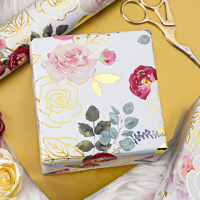 Merture Wrapping Paper Roll with Watercolor Roses - 17 In x 32.8 Ft (46.5 sqft) Foil Floral Gift Wrap with Matte Gold Reverse for Motherβs Day, Wedding, Birthday, Bridal Shower, Valentines Day