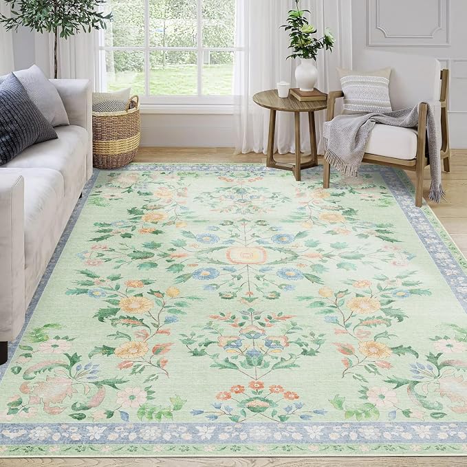 MUJOO 5x7 Area Rugs Washable,Green Floral Rugs for Living Room Bedroom Dining Room Playroom,Boho Indoor Floor Rug Large Non Slip Throw Carpet Low Pile Vintage