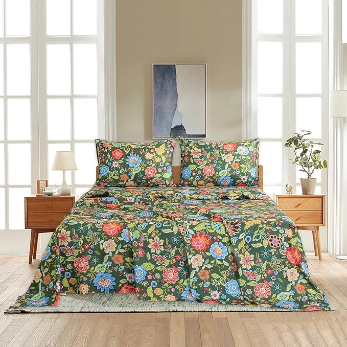 Bedlifes Queen Sheet Set Ultra Soft, Breathable, Silky Flower Deep Pocket 100% Microfiber Bedding, 4 Piece Queen Size with Floral Dark Green