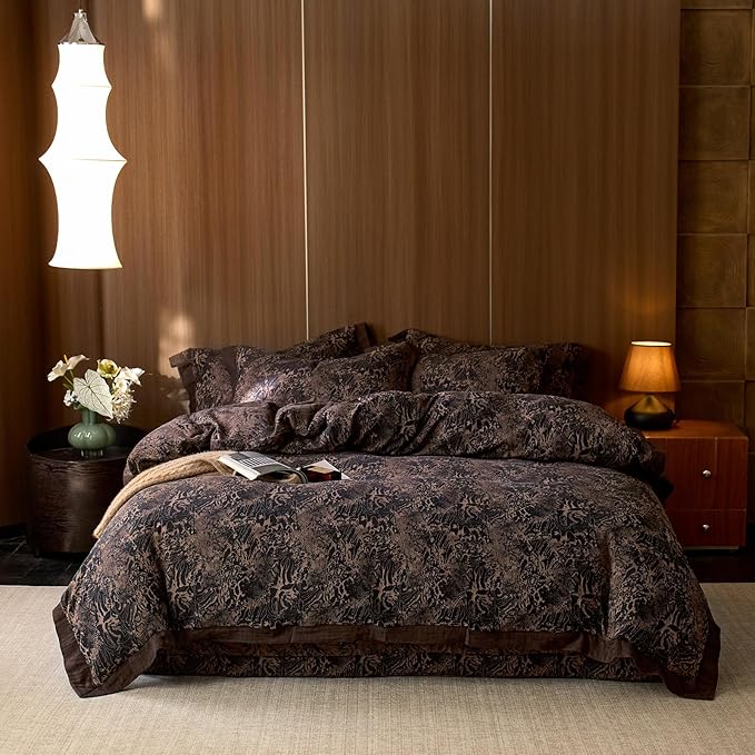 mixinni Duvet Cover Set Queen, Vintage Opulence Yarn-Dyed Jacquard Double-Layer Cotton Comforter Cover with Wide Corner Design, Retro Art Pattern Bedding Set with 2 Pillowcases for Men & Women