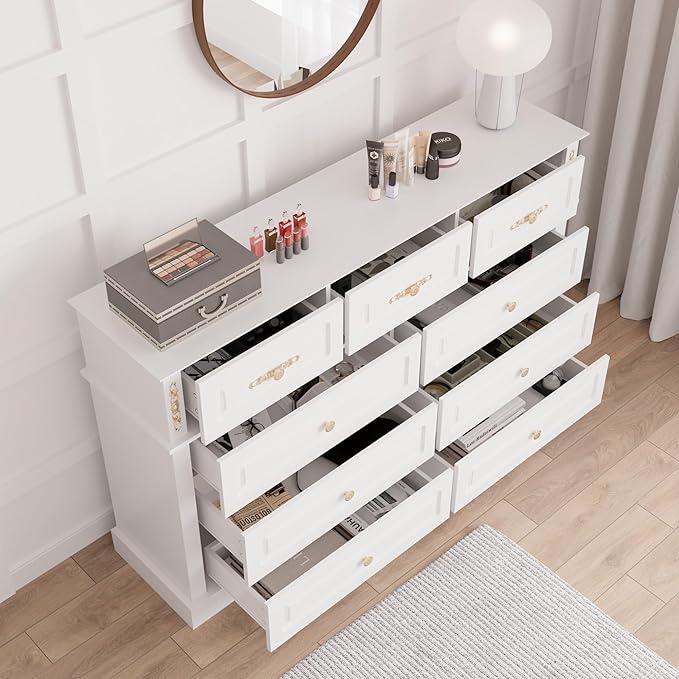 63Wx39H Large Dresser White,9 Drawers Dresser for Bedroom,Retro Chest of Drawers with Gold Knobs, Wooden Storage Dressers, Bedroom Storage Organizer for Closet, Living Room, Hallway