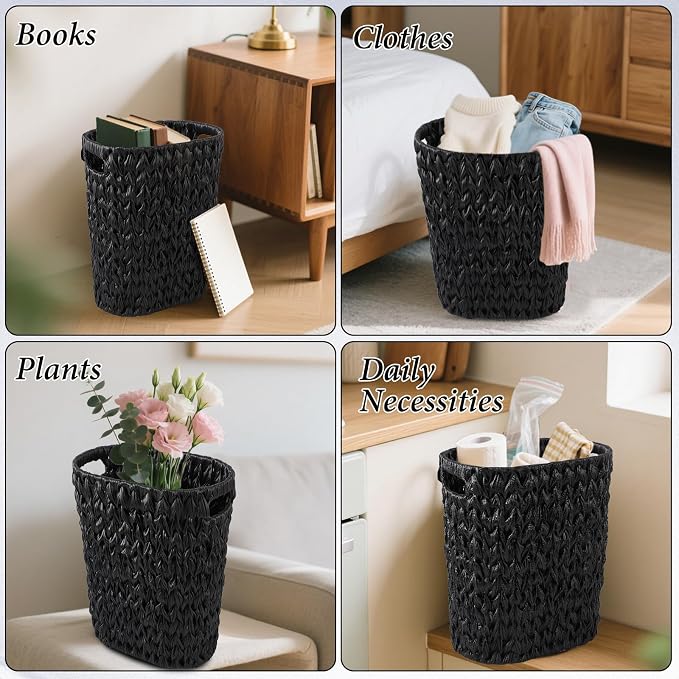 Bathroom Accessories Set, 25PCS Wicker Bathroom Accessory Set with Shower Curtain, Bath Mat, Soap Dispenser, Handwoven Trash Can & Rattan Tissue Box (Black, Bath Set+Shower Curtain+Rugs)