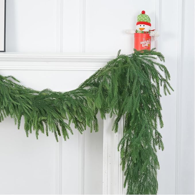 2 Pcs 6 Ft Artificial Norfolk Pine Christmas Garlands for Holiday Indoor Outdoor Decor,Real Touch Pine Garlands,Artificial Greenery Garland for Home Dining Table,Mantel,Wall Porch Christmas Decor. 