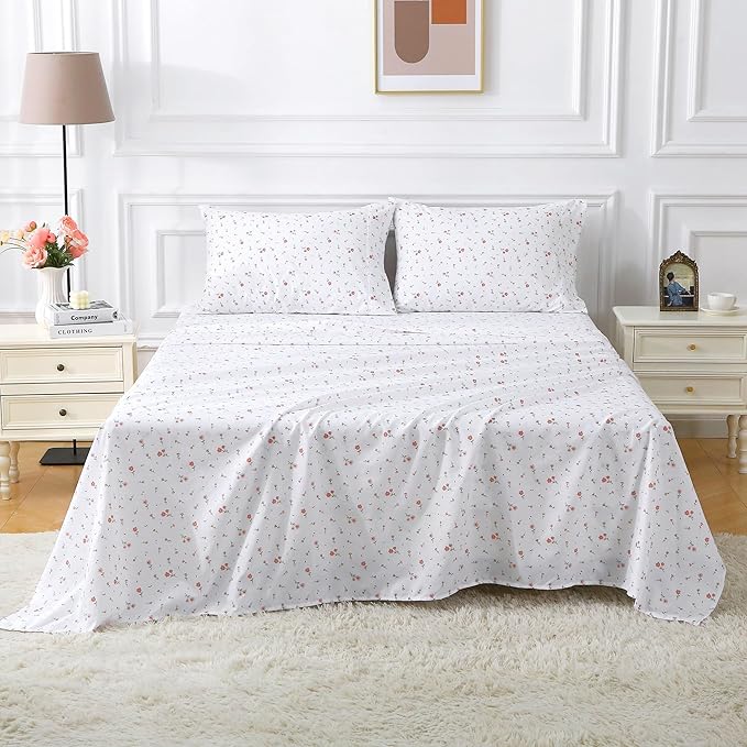 Softan Pink Floral Twin Size Sheet Set, 3 Pieces Single Bed Sheets for Girls, Cozy Microfiber Fitted Sheet with 15" Deep Pockets & Non-Slip Straps, Pink Flower Sheets & Pillowcase Set