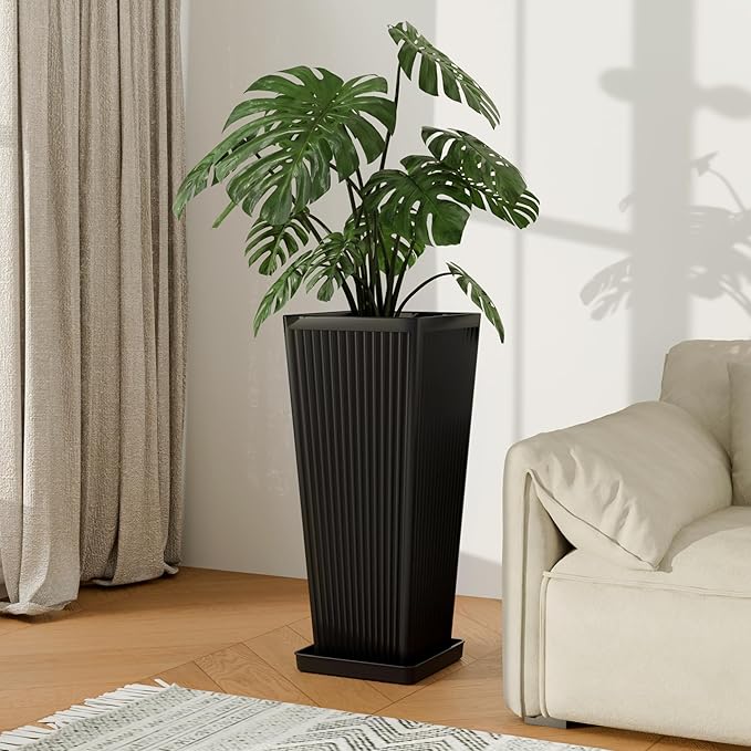 Square Tall Planters for Outdoor Plants Set of 2-23.6" Modern Tapered Indoor Flower Pots with Drainage Holes/Partition/Tray, Large Outdoor Planters for Porch Patio Garden Front Porch, Black