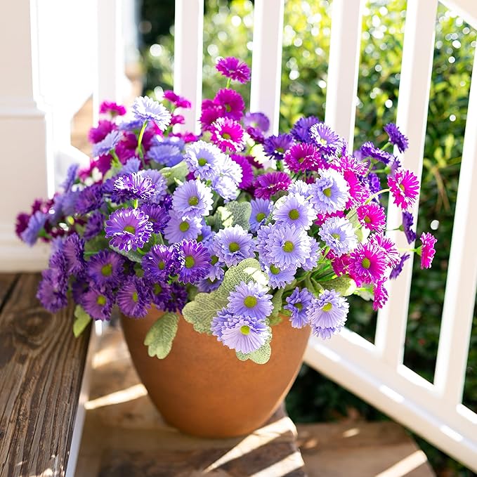HyeFlora Dahlia Artificial Flowers for Outdoors Winter Decoration, 6 Bundles Fake Daisy Faux Plants Realistic UV Resistant Silk Flowers for Outside Planter Front Door Yard Garden Indoor Home, Mix