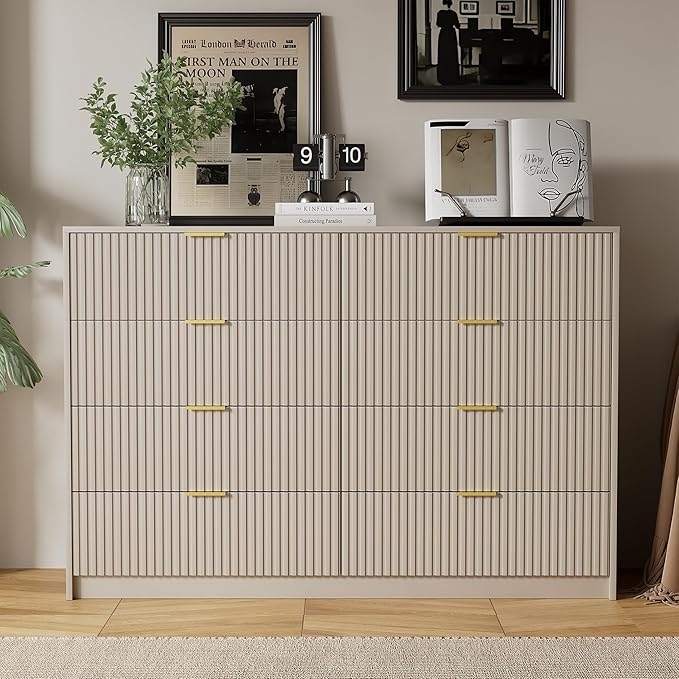 Beige Dresser for Bedroom, Modern Dresser with 8 Drawers and Smooth Slides, Wide Chest of Drawers with Golden Handles for Bedroom, Closet, 15.7" D x 55" W x 37.4" H