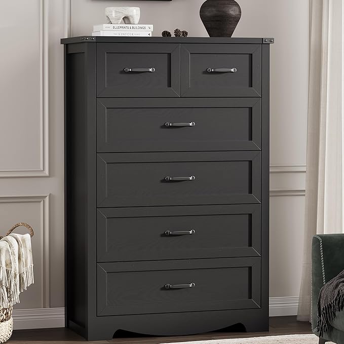 Dresser for Bedroom with 6 Drawers, 49" Tall Wood Chest of Drawers with Deep Drawers & Mental Handle, Modern Dresser TV Stand, Wooden Closet Storage Organizer for Living Room, Hallway, Entryway, Black