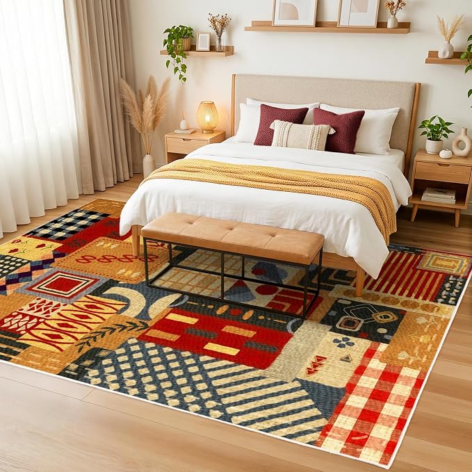 Washable 4x6 Vintage Patchwork Area Rug, Boho Tribal Geometric Colorful Rugs for Living Room, Non-Slip Low Pile Indoor Carpet, Vintage Rustic Rug for Dining Room Bedroom Office Entryway Decor