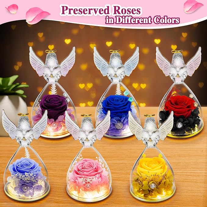LURLIN Birthday Rose Gifts for Women - Preserved Flowers, Glass Angel Figurines with LED Forever Rose for Mom, Grandma, Wife, Friend, Teacher, Nurse, Anniversary Day Girls Gift