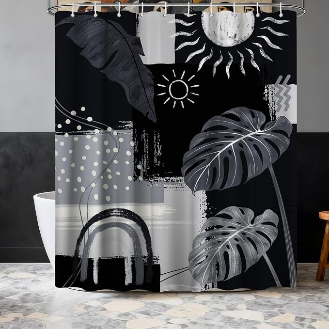 Small Stall Narrow Shower Curtain Black and Gray Stand Up Dark Black and Grey Abstract Shower Curtains for Rv Camper Bathroom Decor Sets, Waterproof Cloth Fabric with Hooks, 36 x 72 Inch