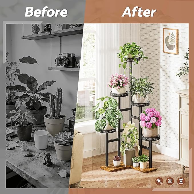 5 Tiered Corner Plant Stands Tall Indoor, Tiered Plant Stand Outdoor,Wood Plant Shelf for Multiple Plants, Wrought Iron Flower Pot Stand, Tall Plant Rack Shelf for House Patio - BlackWave