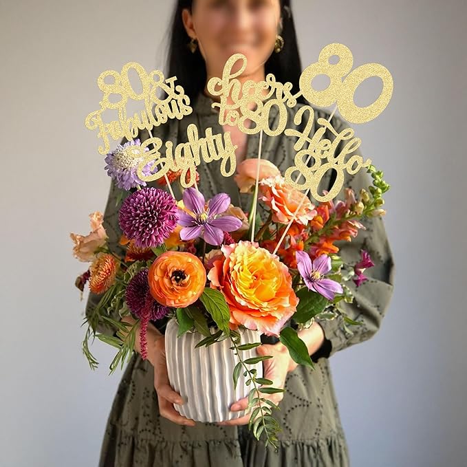 Gyufise 15Pcs 80th Birthday Centerpiece Sticks Eighty Happy 80th Table Flower Centerpieces Sticks Cheers to 80 Floral Decorations for 80th Birthday Party Centerpieces Supplies Gold