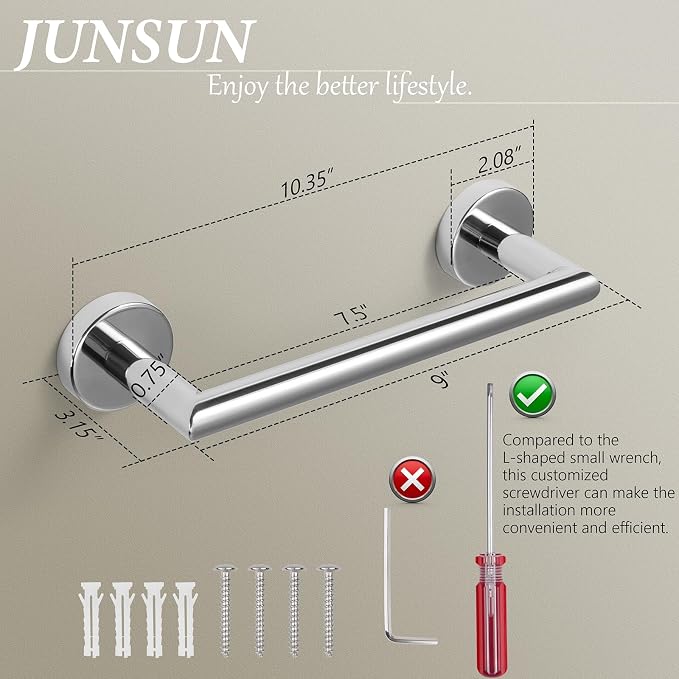 JunSun Bathroom Towel Bar 9 Inch Polished Chrome Towel Racks Wall Mount Bath Hand Towel Holder Modern Home Decor Towel Rods Bathroom Hardware Stainless Steel Towel Hangers Towel Rail Single Towel Bars