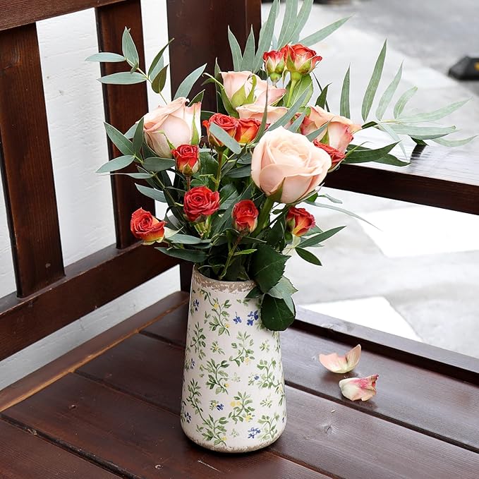 Vintage Ceramic Flower Vase with Floral Crackle Glaze, Rustic Farmhouse Decorative Vase for Home Décor, Table Centerpiece for Mother’s Day, Birthday, or Housewarming