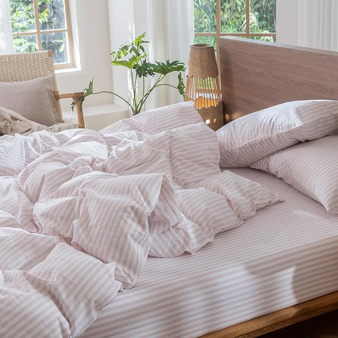 MooMee Striped Duvet Cover Set 100% Washed Cotton Linen Like Textured Breathable Durable Soft Comfy (Heathered Greyish Pink Classic Stripes, King 104"x90")