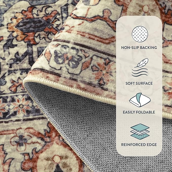 Lahome Oriental Washable Rugs 5x7, Soft 5x7 Rug for Bedroom Living Room, Ultra-Thin Non Slip Stain Resistant Vintage Throw Carpet for Dining Room Office, Peach/Orange