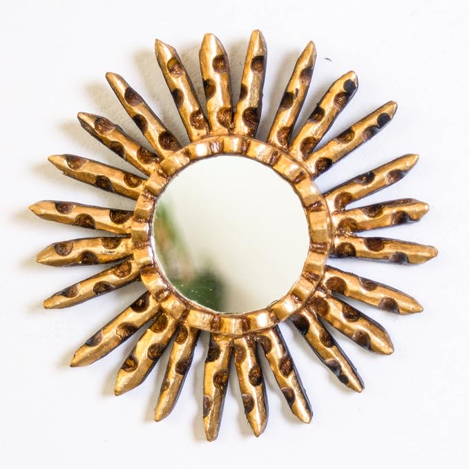 Small Sunburst Mirror with Gold Leaf Finish - Peruvian Carved Wood Round Mirror for Wall Art - Unique Gift for Her or Home (Gold)