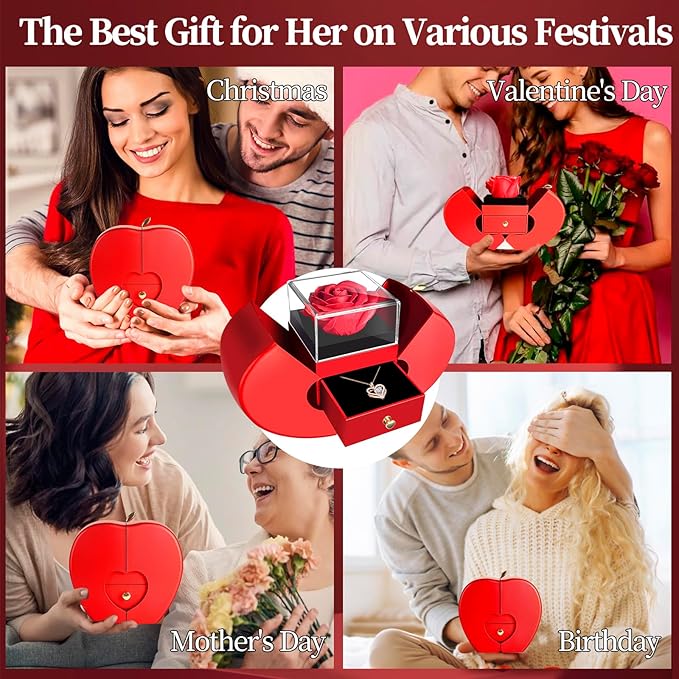 Preserved Flower Red Rose with Heart Necklace, Gifts for Mom, Girlfriend, Women, Wife, Grandma on Christmas, Valentine's Day, Mother's Day, Birthday, Anniversary, Thanksgiving