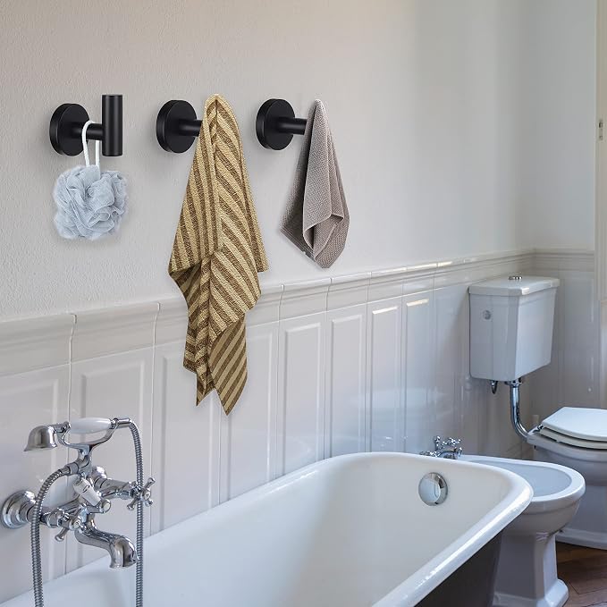 Bathroom Robe Towel Hooks Coat Matte Black Wall Hook Stainless Steel Heavy Duty Door Hanger Towel Robe Clothes Cabinet Closet Sponges Hook for Bathroom Bedroom Kitchen Hotel Pool 16 Packs