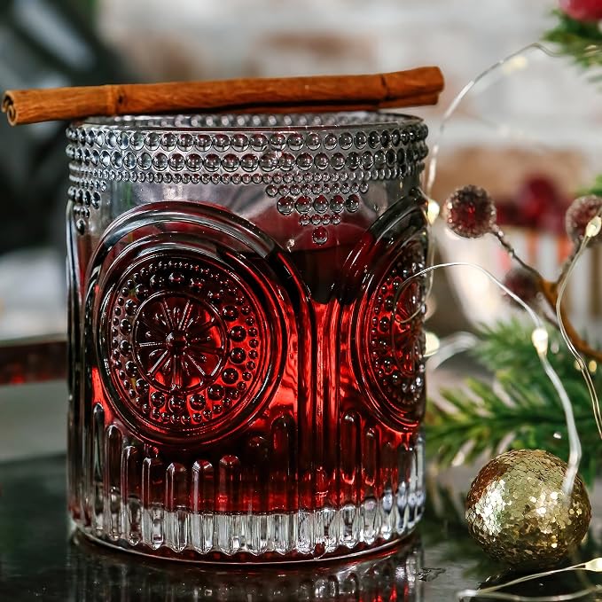 Ribbed Retro Arch Floral Smoke Grey Drinking Glasses Set of 6, (10 oz) Vintage Glassware Set by Kate Aspen| Cocktail Glass Set, Juice Glass, Water Cups | Hostess Gift & Present for New Home Owners