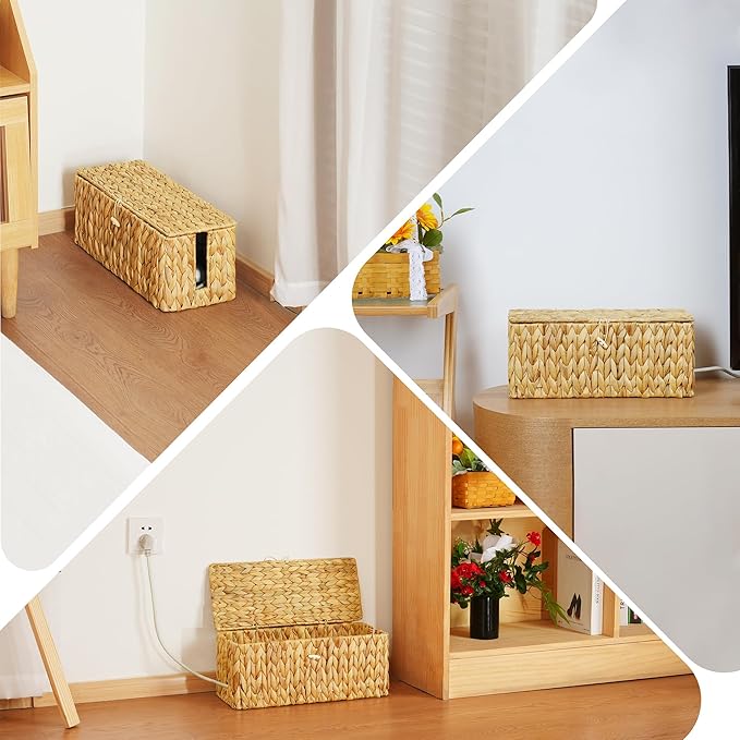 efluky Hand-Woven Cable Management Box with Lid, Water Hyacinth Cord Organizer Box to USB Wire, Power Strip & Charger, 2 Open Slots Cable Box for TV Table, Office Desk & Floor, Natural