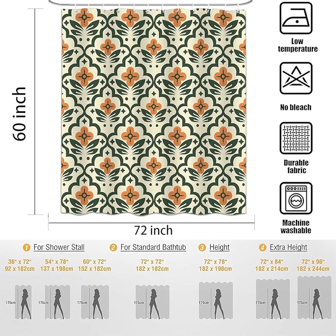 Vintage Boho Floral Shower Curtain,Mid Century Modern Abstract Orange Green Bathroom Curtain,Polyester Fabric Waterproof Bath Curtains 60x72 Inch with 12 Hooks
